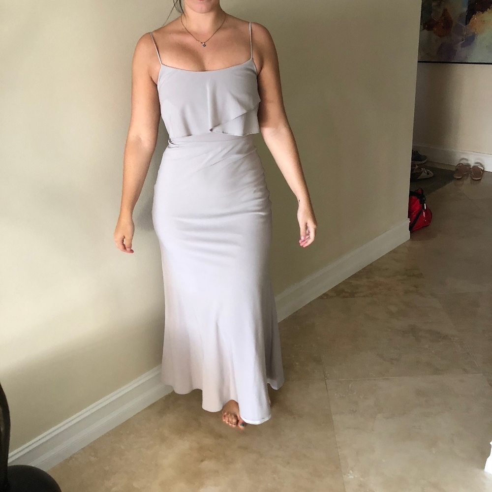 Jenny Woo Chiffon Gown in Champagne Sz 0